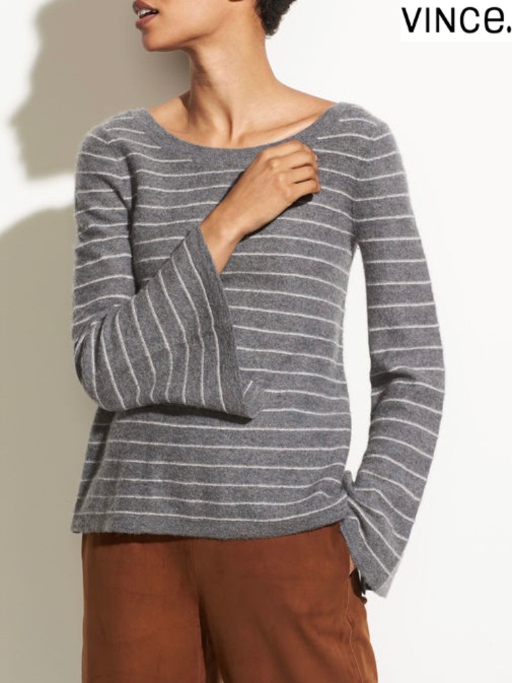 VINCE NWT 100% CASHMERE STRIPED BELL SLEEVE HEATHER STONE/STERLING SWEATER. XS